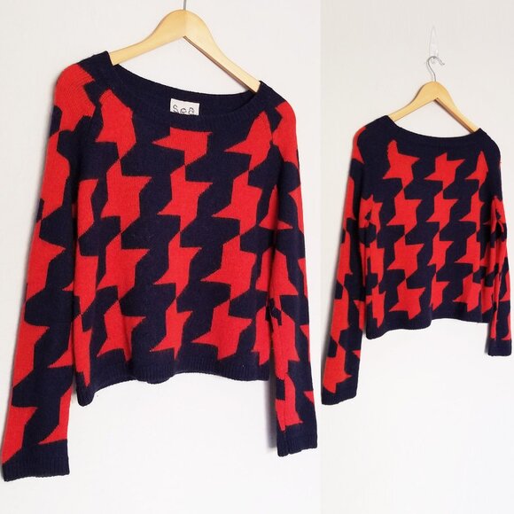 SEA New York  Alpaca Wool Blend Large Houndstooth Jumper Lightweight Sweater M - Picture 1 of 14